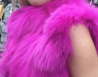 FUCHSIA FOX short VEST!Brand New Real Natural Genuine Fur!