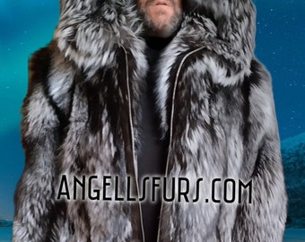 MEN'S HOODED Longer Version Fullpelts Silver Fox Fur Coat!Brand New Real Natural Genuine Fur!