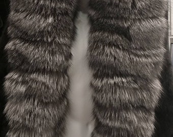 HOODED MINK FUR Full of Silver Fox!Amazing model in Brand New Real Natural Genuine Fur!