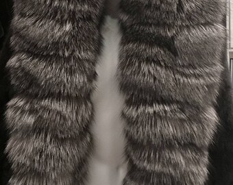 HOODED MINK FUR Full of Silver Fox!Amazing model in Brand New Real Natural Genuine Fur!