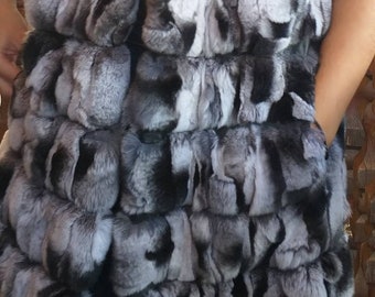 REX FUR VEST In Chinchilla color!Brand New Real Natural Genuine Fur!