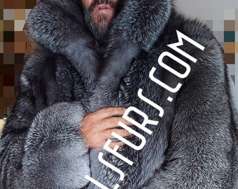 ΜEN'S SILVER FROST Fox Mid Calf Coat!Fullpelts Brand New Real Natural Genuine Fur!