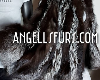 HOODED SILVER FOX Short Fur cape!Brand New Real Natural Genuine Fur!