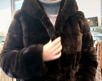 NEW Natural Real Beautiful Hooded Fullskin CHOCOLATE BROWN Rex Fur Coat!
