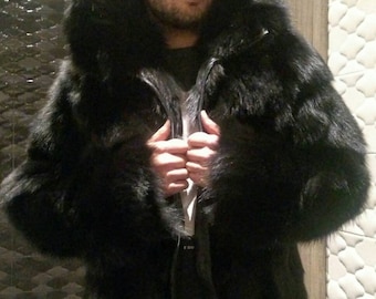 MEN'S BASIC BLACK Fox Hooded Fur Coat!Brand New Real Natural Genuine Fur!