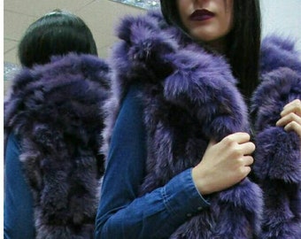 HOODED PURPLE FOX Vest!Order Any color!Brand New Real Natural Genuine Fur!