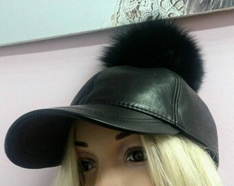 BLACK REAL LEATHER Jockey Hat with Black Fox pom! Order Any Color!