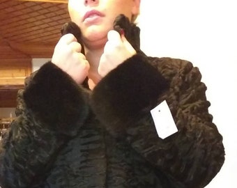 New!Natural Real Beautiful Black Astragan/perzian Fur Coat and Black Mink combination!