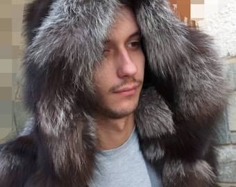 MEN'S SILVER FOX Hooded Fur Coat!Brand New Real Natural Genuine Fur!