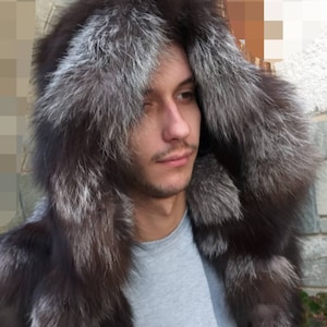 MEN&#39;S SILVER FOX Hooded Fur Coat!Brand New Real Natural Genuine Fur!