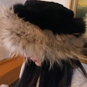 Black Mink Fur HAT with Black fox and Finn Raccoon trims!Brand New Real Natural Genuine Fur!