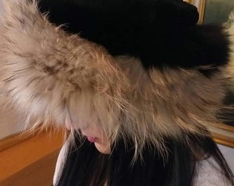 Black Mink Fur HAT with Black fox and Finn Raccoon trims!Brand New Real Natural Genuine Fur!