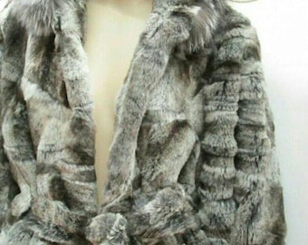 ONE Size-Hooded REX Fur cape with silver fox!Brand New Real Natural Genuine Fur
