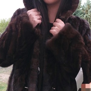 BROWN HOODED MINK Fur Jacket!Brand New Real Natural Genuine Fur!