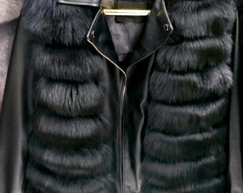 Black Fox Fur and Leather jacket!Brand New Real Natural Genuine Fur