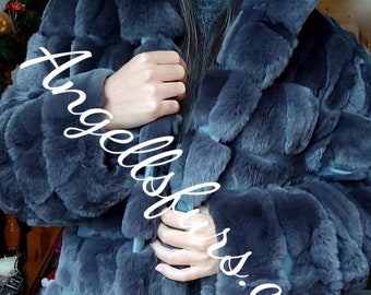 Graphite Gray HOODED REX fur coat!Brand New Real Natural Genuine Fur!