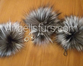 SILVER FOX POMPOM-keychains!Brand New Real Natural Genuine Fur!