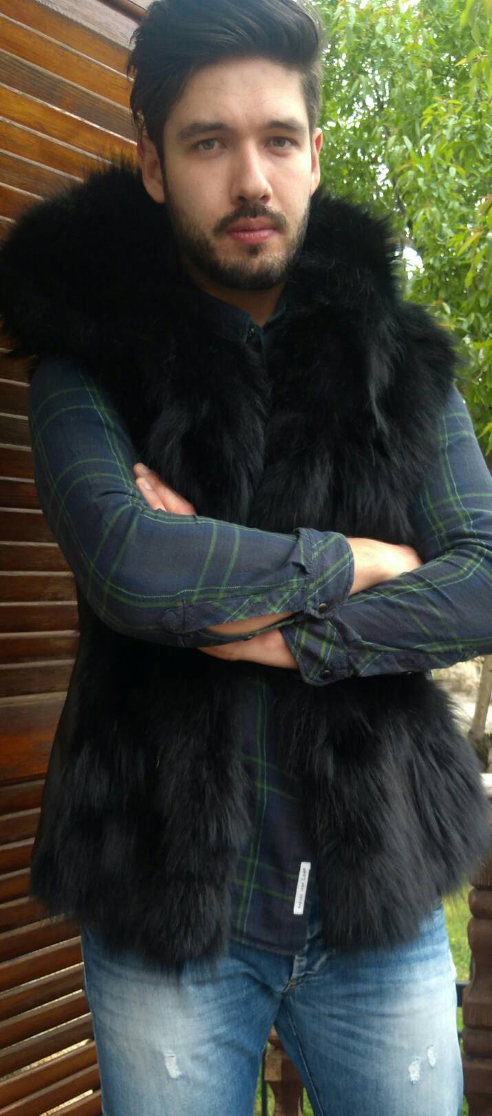 MEN'S!New HOODED Black Fox Fur VEST!