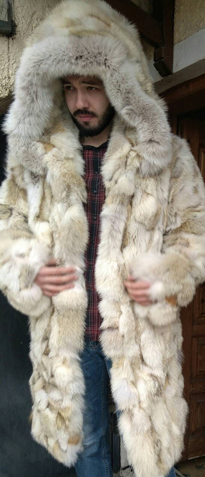 MEN'S LONG FOX Fur Coat!Brand New Real Natural Genuine Fur!