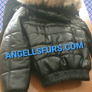MEN'S New Real Natural Winter Black LEATHER BOMBER jacket with Detachable hood!