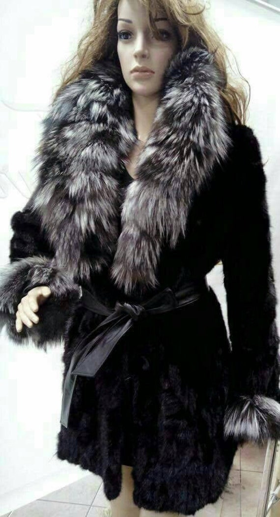 MINK Fur coat with SILVER FOX collar and cuffs!