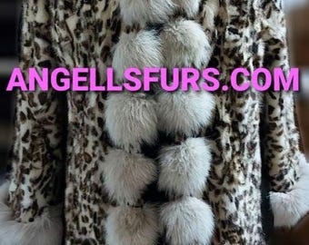 ANIMAL PRINT Hooded MINK Fur Coat with Fox!Order Any color!Brand New Real Natural Genuine Fur