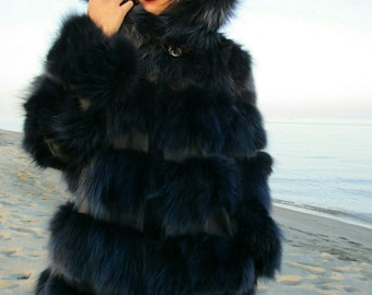 BLUE LIKE SEA! part 2-New,Natural, Real Modern model Hooded Fox Fur jacket!