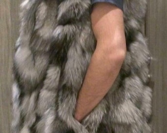 MEN'S LONG Silver Fox VEST!Brand New Real Natural Genuine Fur