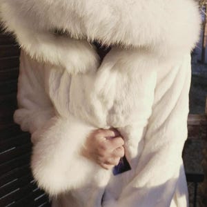 HOODED WHITE RABBIT Sheared Fur Coat with Fox!Brand New Real Natural Genuine Fur!