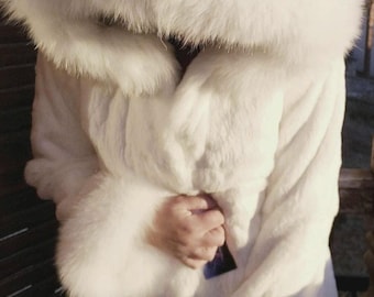 HOODED WHITE RABBIT Sheared Fur Coat with Fox!Brand New Real Natural Genuine Fur!