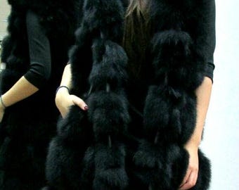 BLACK HOODED FOX Vest!Brand New Real Natural Genuine Fur!