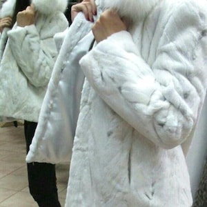 WHITE MINK Fur jacket with FOX collar!Brand New Real Natural Genuine Fur