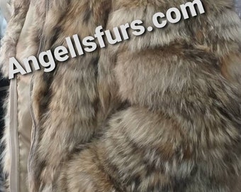 MEN'S NEW!Real Natural Hooded Dark color COYOTE Fur Coat!