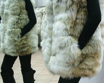 COYOTE FLUFFY FUR Vest!Brand New Real Natural Genuine Fur!