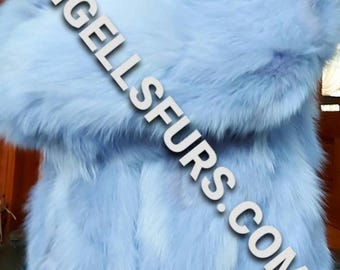 LIGHT BLUE Color FOX Hooded Short Fur Jacket!Brand New Real Natural Genuine Fur!