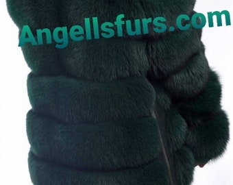 New Natural Real Full pelts Amazing color GREEN FOX Fur jacket with Detachable Sleeves!