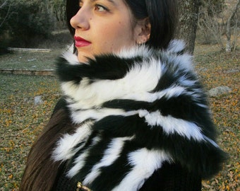 BLACK and WHITE FOX Collar! Unisex!Brand New Real Natural Genuine Fur!