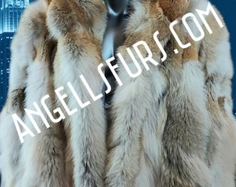 MEN'S HOODED  COYOTE Fur coat!Brand New Real Natural Genuine Fur Coat!