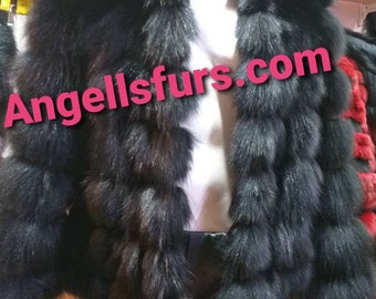 New,Natural, Real Modern model Short HOODED BLACK FOX Fur jacket!