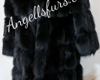 LONG BLACK FOX Coat!Brand New Real Natural Genuine Fur!