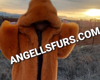 MEN'S HOODED ORANGE Fox Fullpelt Colored Fur Coat!Brand New Real Natural Genuine Fur!