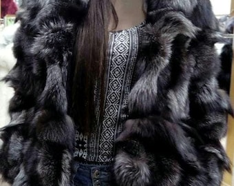 SILVER FOX HOODED Fur coat!Brand New Real Natural Genuine Fur!