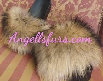 RACCOON FUR FLATFORMS! Order Any color!Brand New Real Natural Genuine Fur!