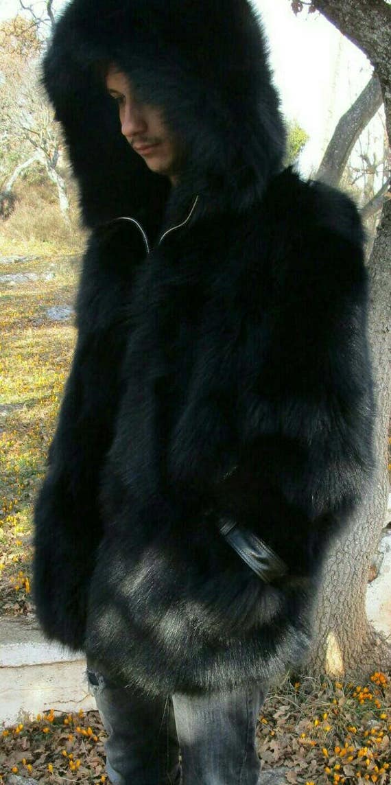 Men S Real Natural Full Pelts Black Fox Fur Hooded Coat Full Pelts Black Fox Fur Hooded Coat, Black Fox Fur Hooded Coat Mens