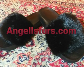 BLACK MINK FUR Slides!Unisex!Brand New Real Natural Genuine Fur!