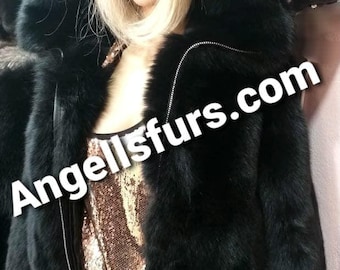 HOODED BLACK FOX Bomber jacket! Order Any color!Brand New Real Natural Genuine Fur!