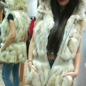 HOODED FOX FUR Vest!Brand New Real Natural Genuine Fur!