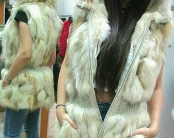 HOODED FOX FUR Vest!Brand New Real Natural Genuine Fur!