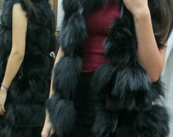 LONG Black FOX Fur Vest!Brand New Real Natural Genuine Fur