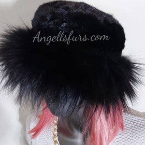 BLACK MINK HAT with Black Fox!Brand New Real Natural Genuine Fur!